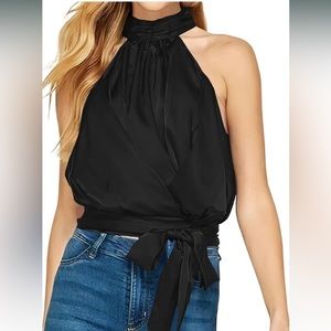 KIRUNDO Women's 2023 Halter Satin Summer Tops Bow Tie Elastic Waist Tank Crop